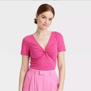 2/$20   A New Day Short Sleeve V-neck Linen T-shirt - Pink